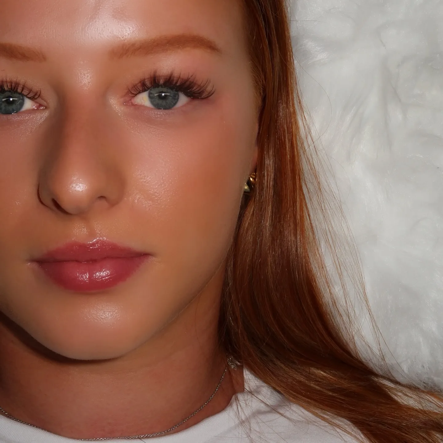 Full face, redhead, both eyes with wispy lashes, glossy lip