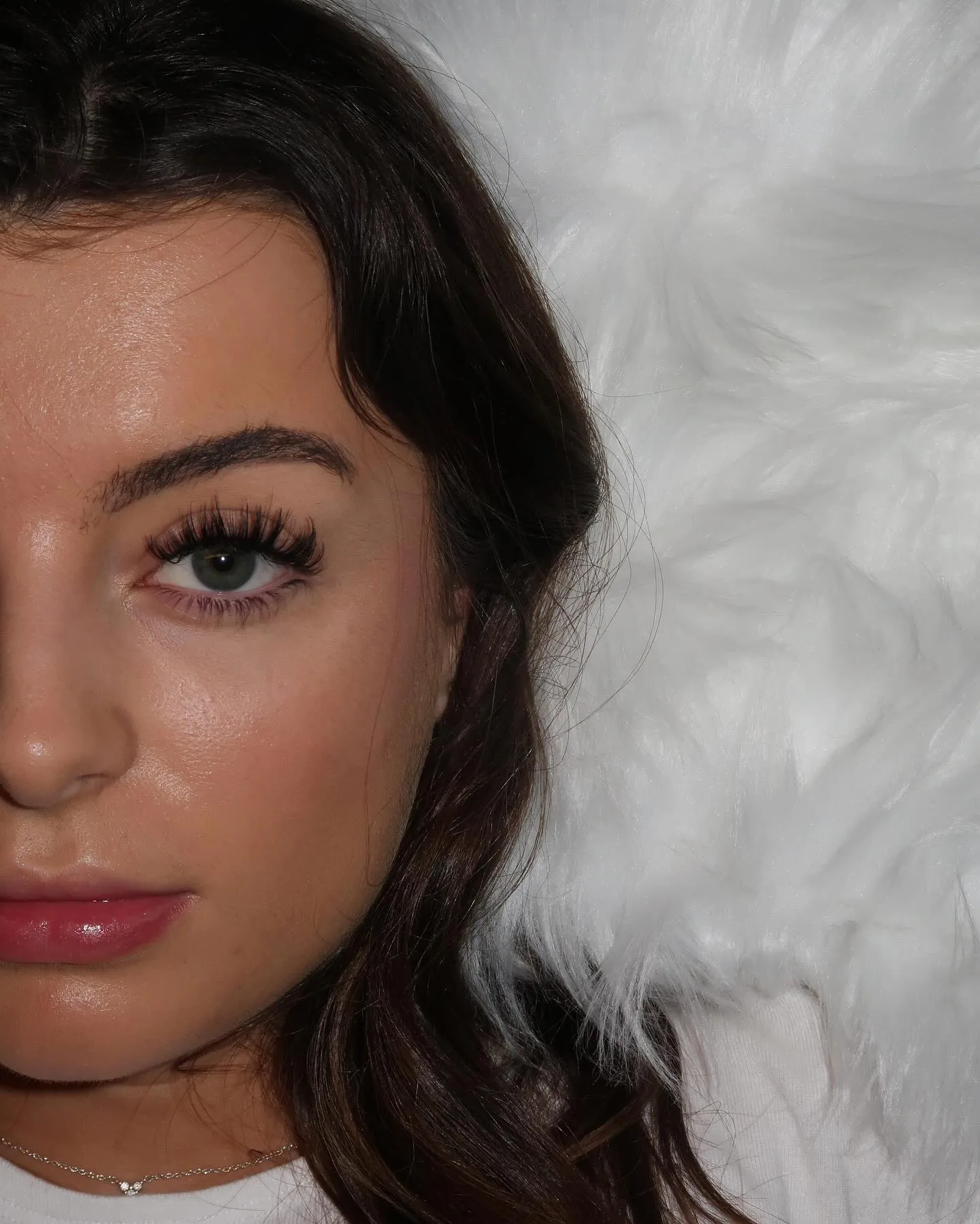 Single blue-green eye with wispy lashes, brunette, bold brow, rose lip